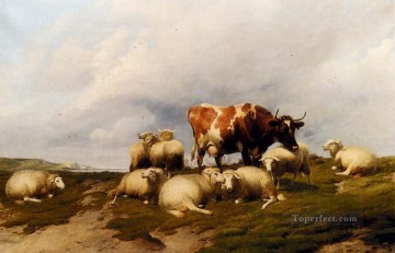 トーマス・シドニー・クーパー Painting - 崖の上の牛と羊 農場の動物 牛 トーマス・シドニー・クーパー
